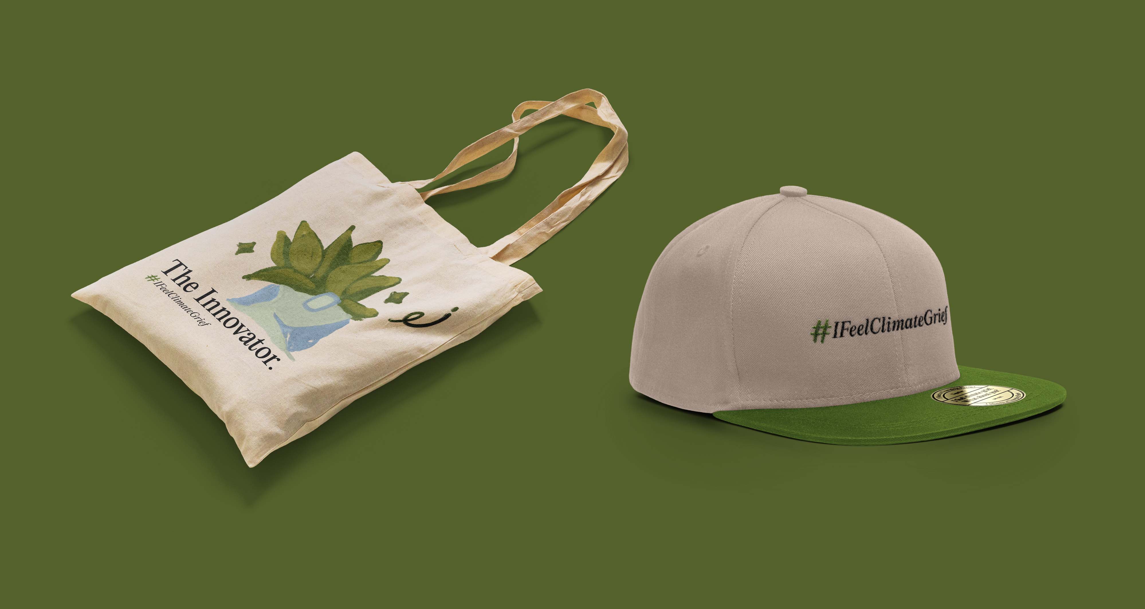 A tote bag that says The Innovator with a statue with a succulent growing out of its head. A baseball cap that says #IFeelClimateGrief.